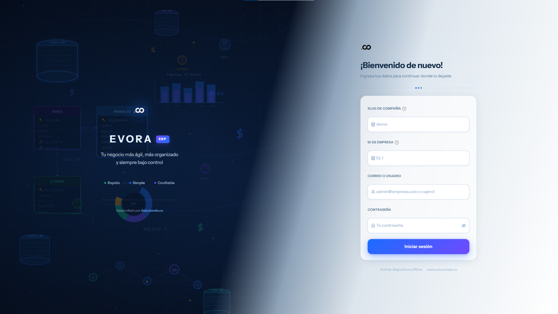 Pantalla de acceso de Evora ERP
