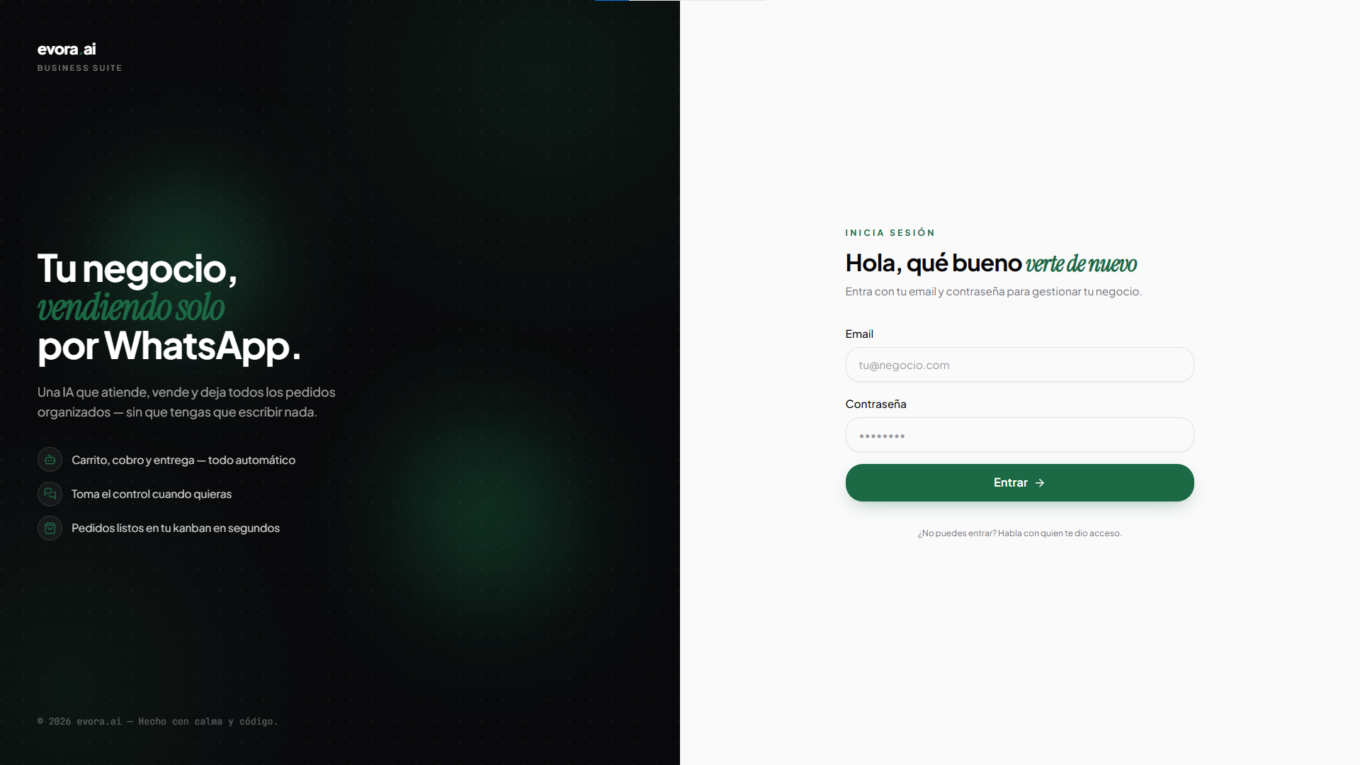 Pantalla de acceso de Evorai — tu negocio vendiendo solo por WhatsApp